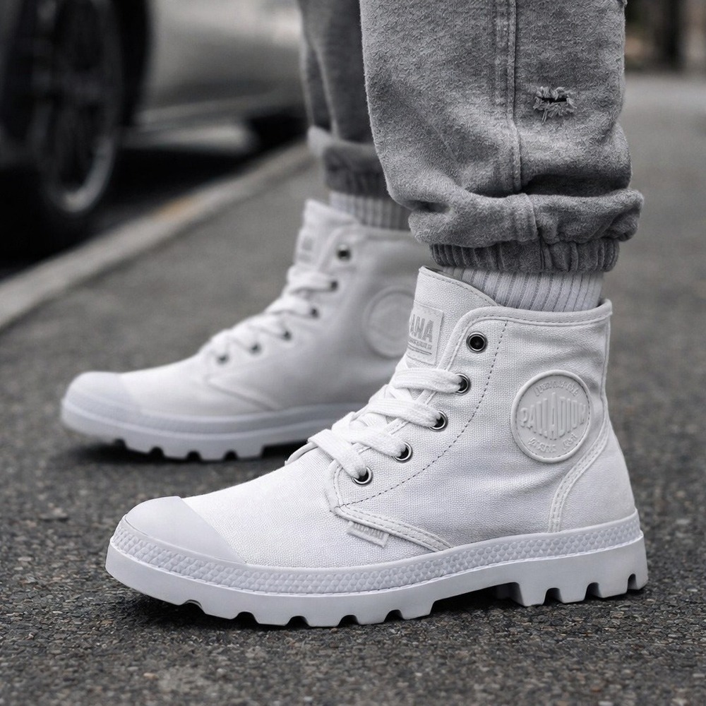Palladium Women's Pampa Hi Canvas Boots White 7 High Top Streetwear Moto NIB